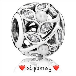 EUC Pandora 791754P Sterling Silver Luminous Leaves Charm with White Pearls & CZ